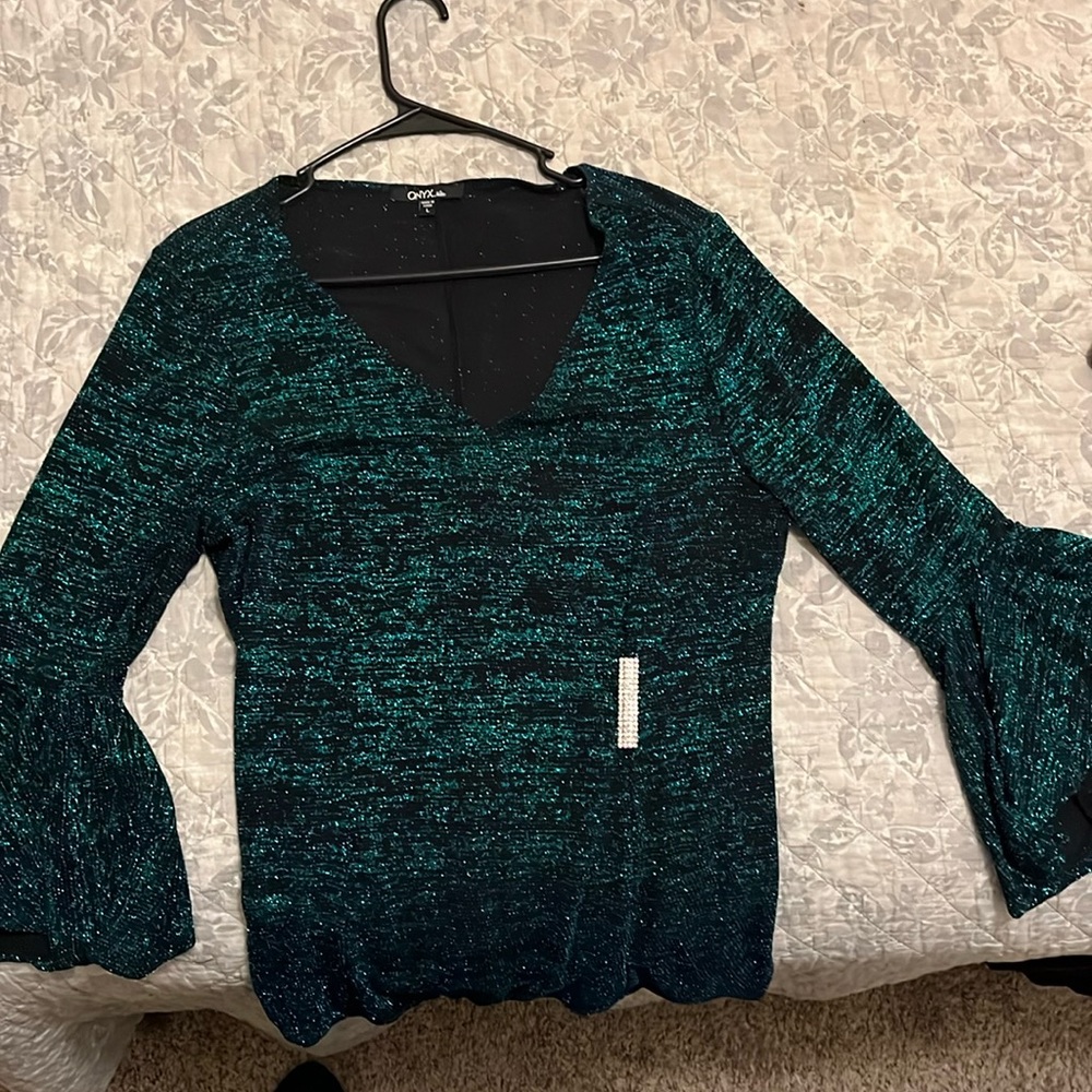 Woman’s blouse, holiday shimmer, emerald color, size large worn once